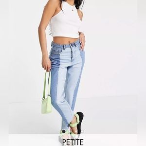 Stradivarius Petite Straight Leg Contrast Two Tone Jeans with Raw Hem